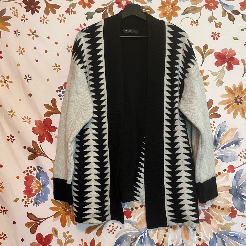 Sanctuary S Black Ecru Aztec Southwest Open Side Pocket Fall Winter Cardigan